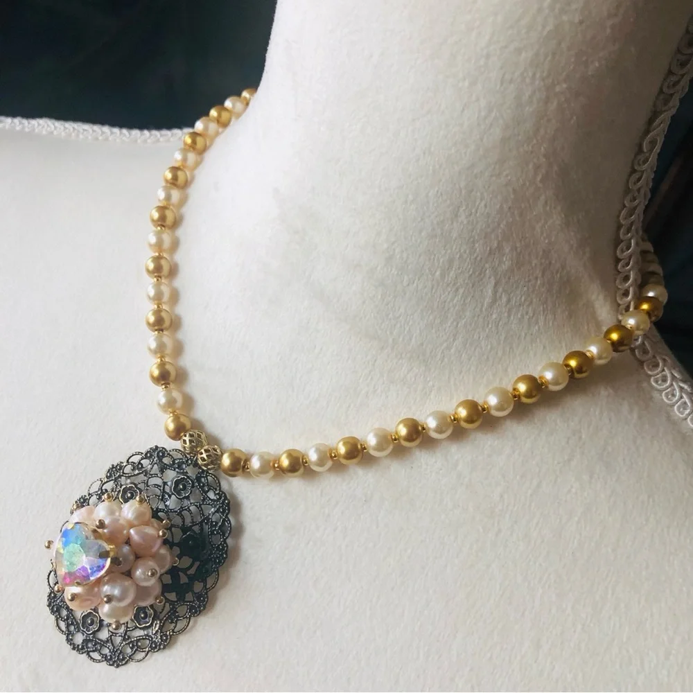 Handcrafted repurpose pearl cluster filigree pendant Czech glass Pearl necklace